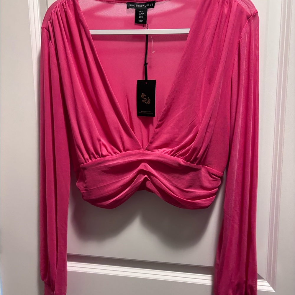 NWT Sincerly Jules pink deep v top long sleeves size M sheer gathered waist